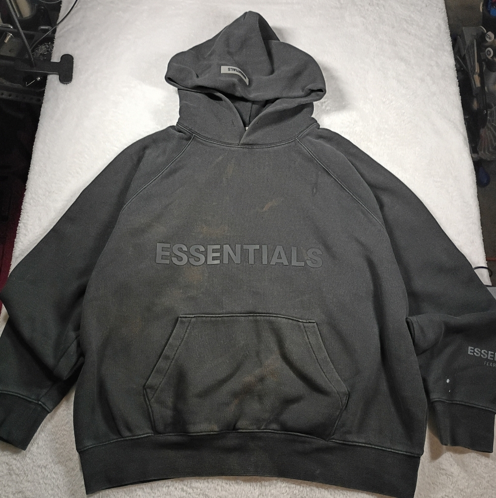 Fear of God Essentials Essentials Hoodie Black Distressed Paint Marks Men's Size